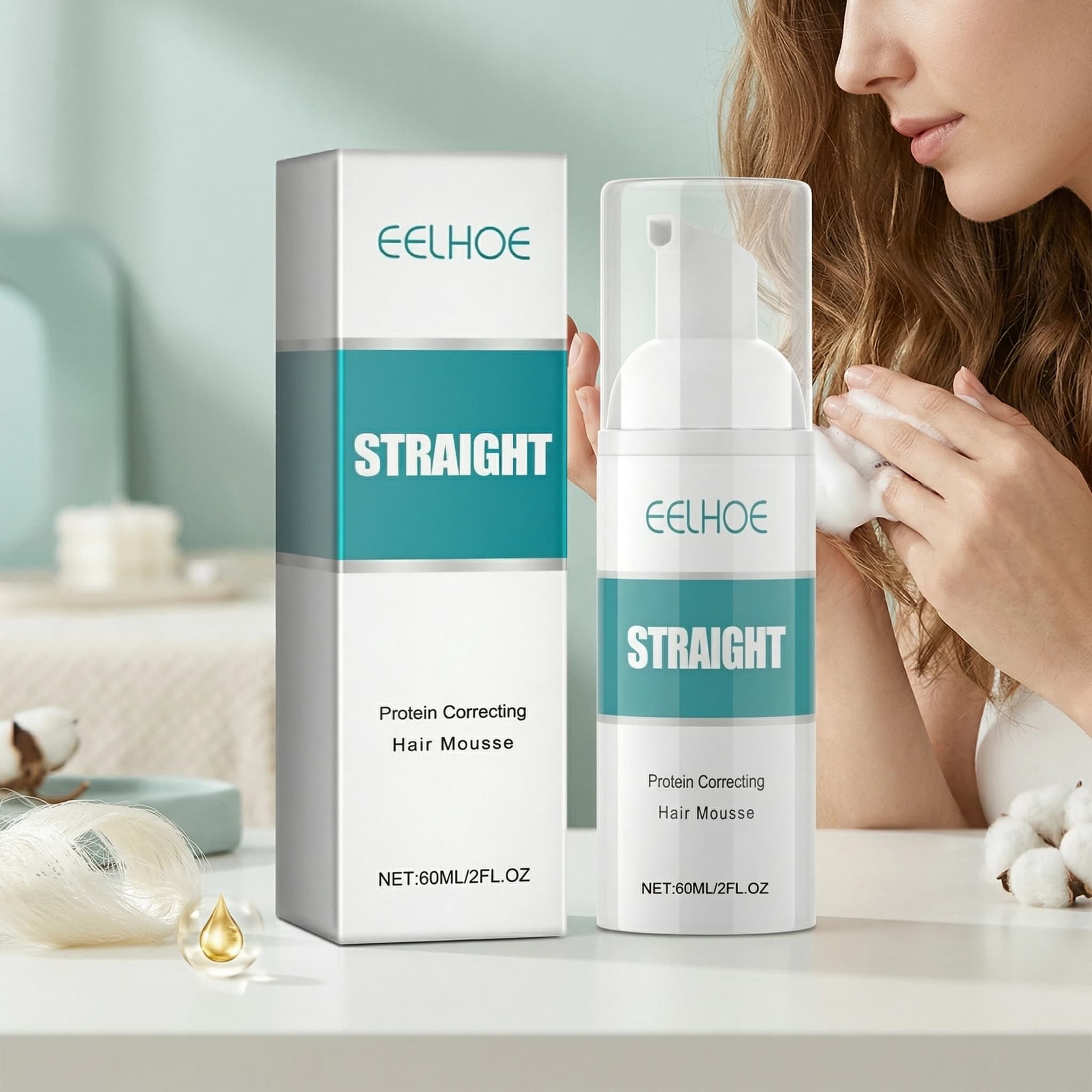 Straight Hair Mousse 60ML, Corrective Protein and Repairer, Reduces Double Tips, Improves Softness, Hair Styling Cream