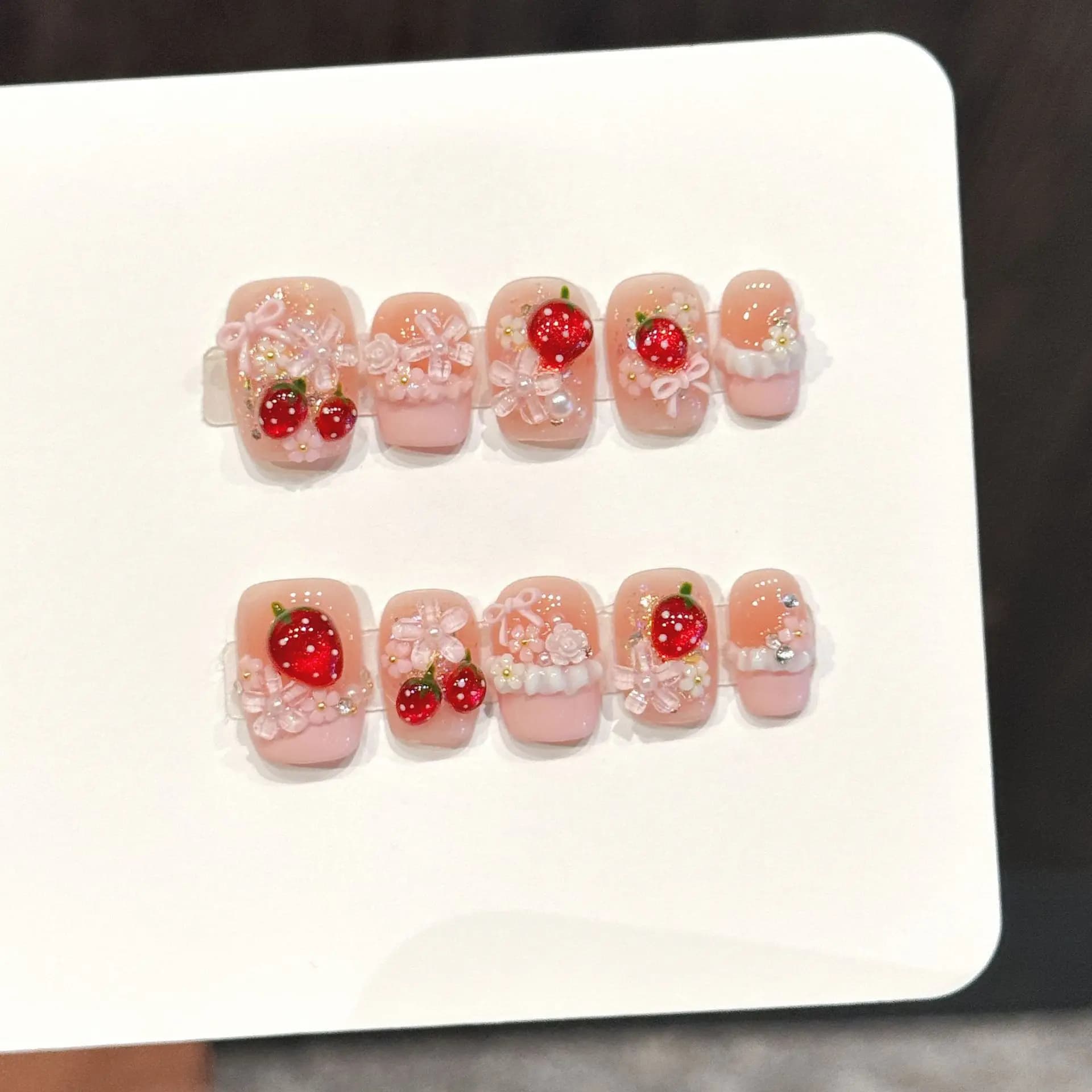 10 pieces cute red strawberry print on nails pink bow flower pearl decoration french handmade fingernails sweet square girl fingernails fake