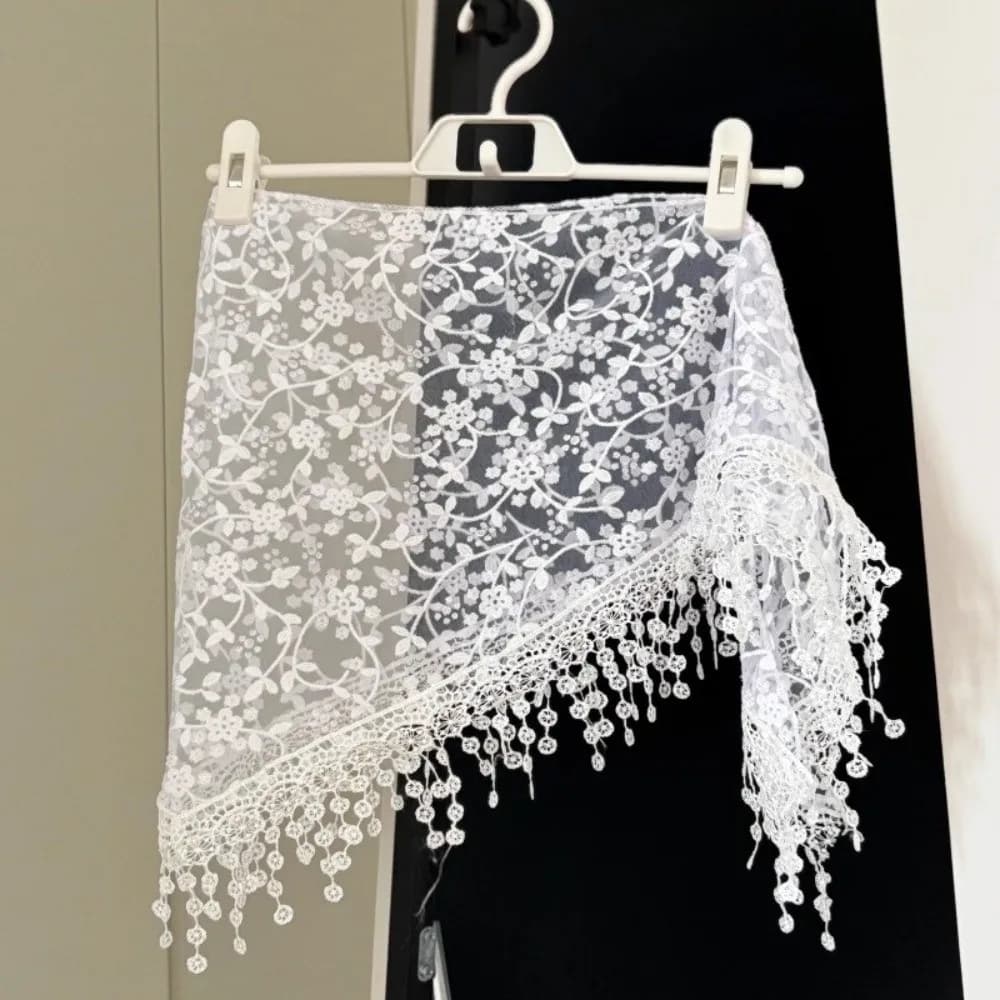 Floral Embroidered Lace Triangle Waist Scarf Lace Hollow Layering Cover Up Triangle Shape Floral Embroidered Hip Scarf Y2K Style