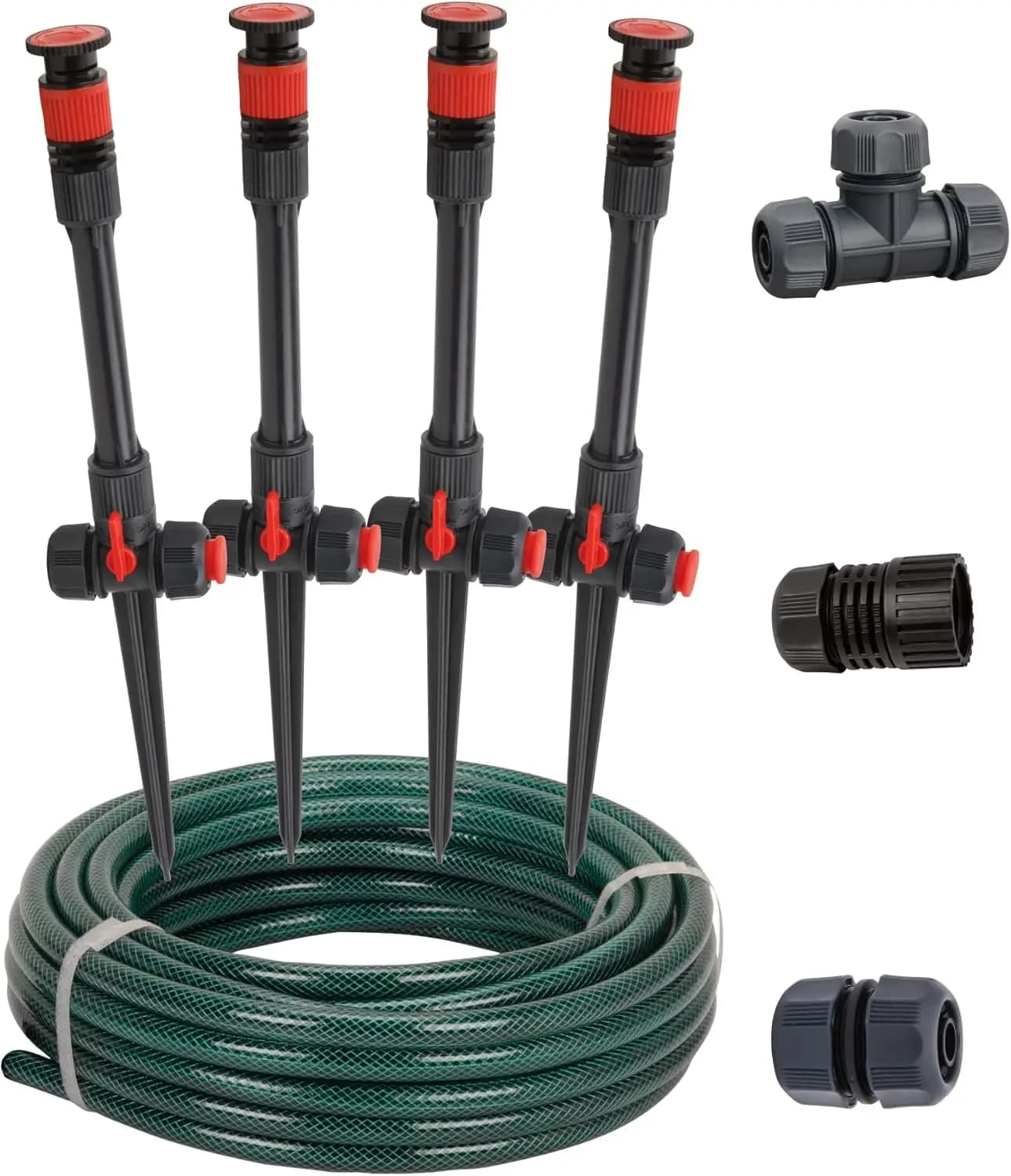 Multi-adjustable garden irrigation system with 4 heads, 50-foot pipe, covers up to 1.638 sq m. Feet.