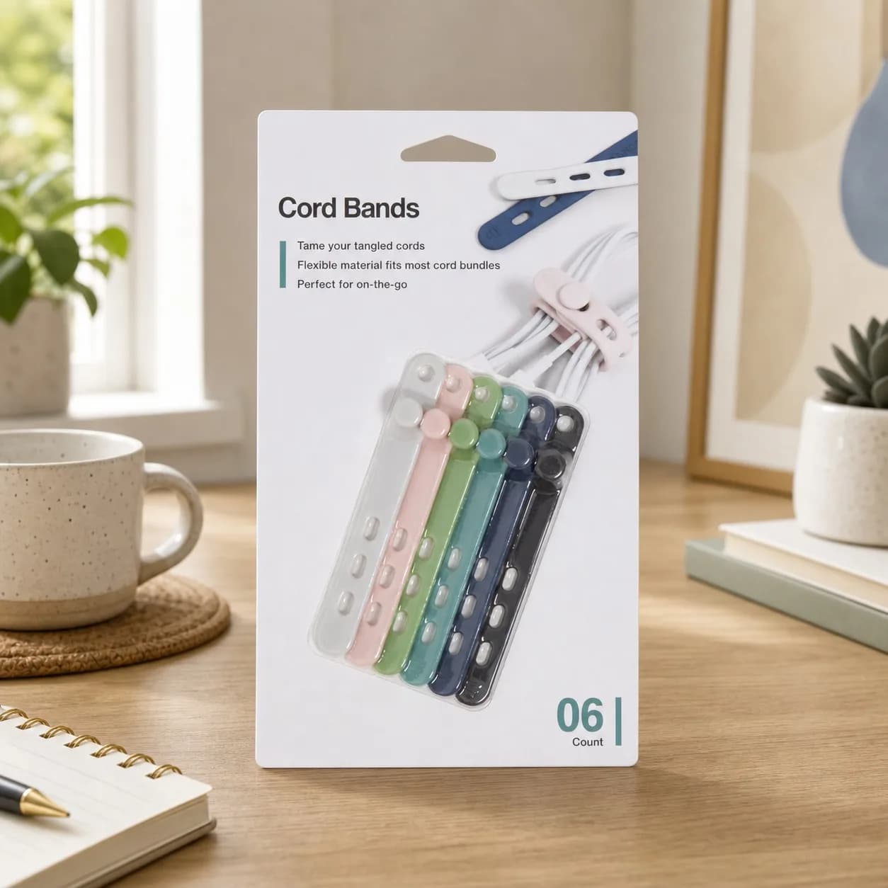 6ct Silicone Cord Bands Flexible Cable Ties For Desk, Office, Travel Chargers And Earbud Cord Organization