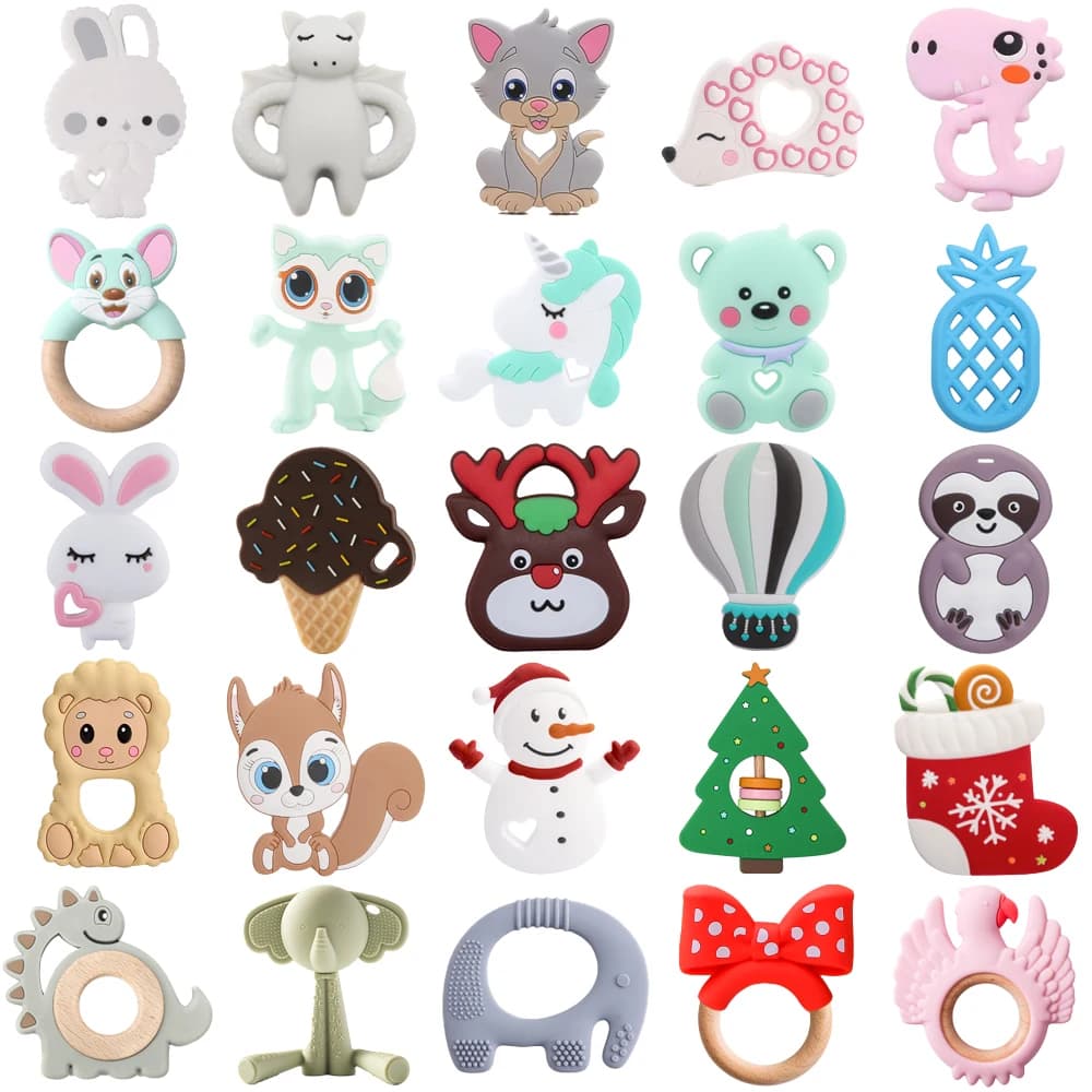 25 stili di giocattoli per bambini, massaggiagengive per cartoni animati di animali per bambini, giocattoli per dentizione in silicone senza BPA, accessori per la crescita del regalo di Natale per bambini