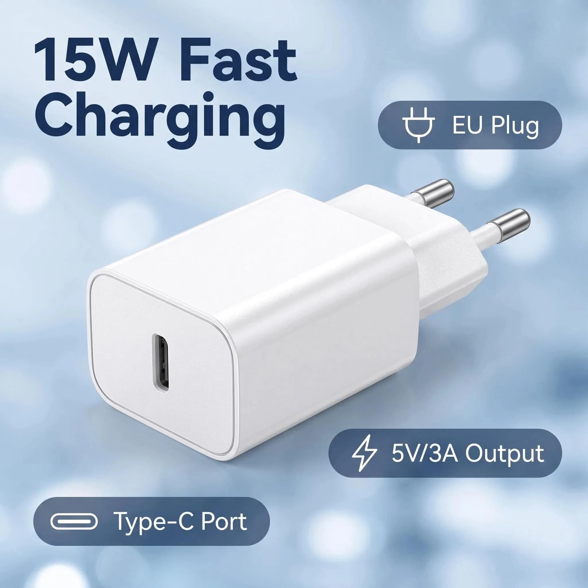 EU Standard 5V/3A 15W USB Wall Charger, Fast Charging Power Adapter for Smartphones, Tablets, EU Plug