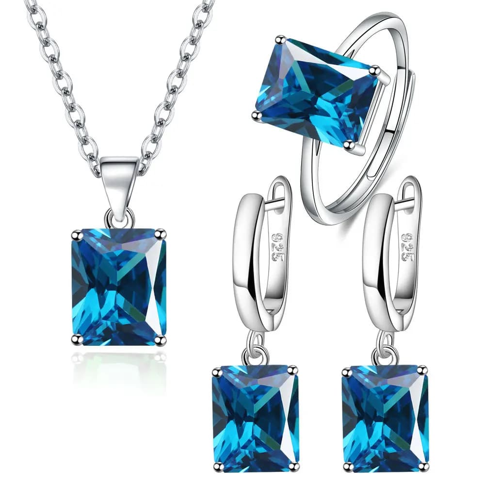 925 Sterling Silver Elegant Jewelry Set, Ring Earrings, Women's Necklace, Rectangular Geometry, zircons, Wedding Accessories