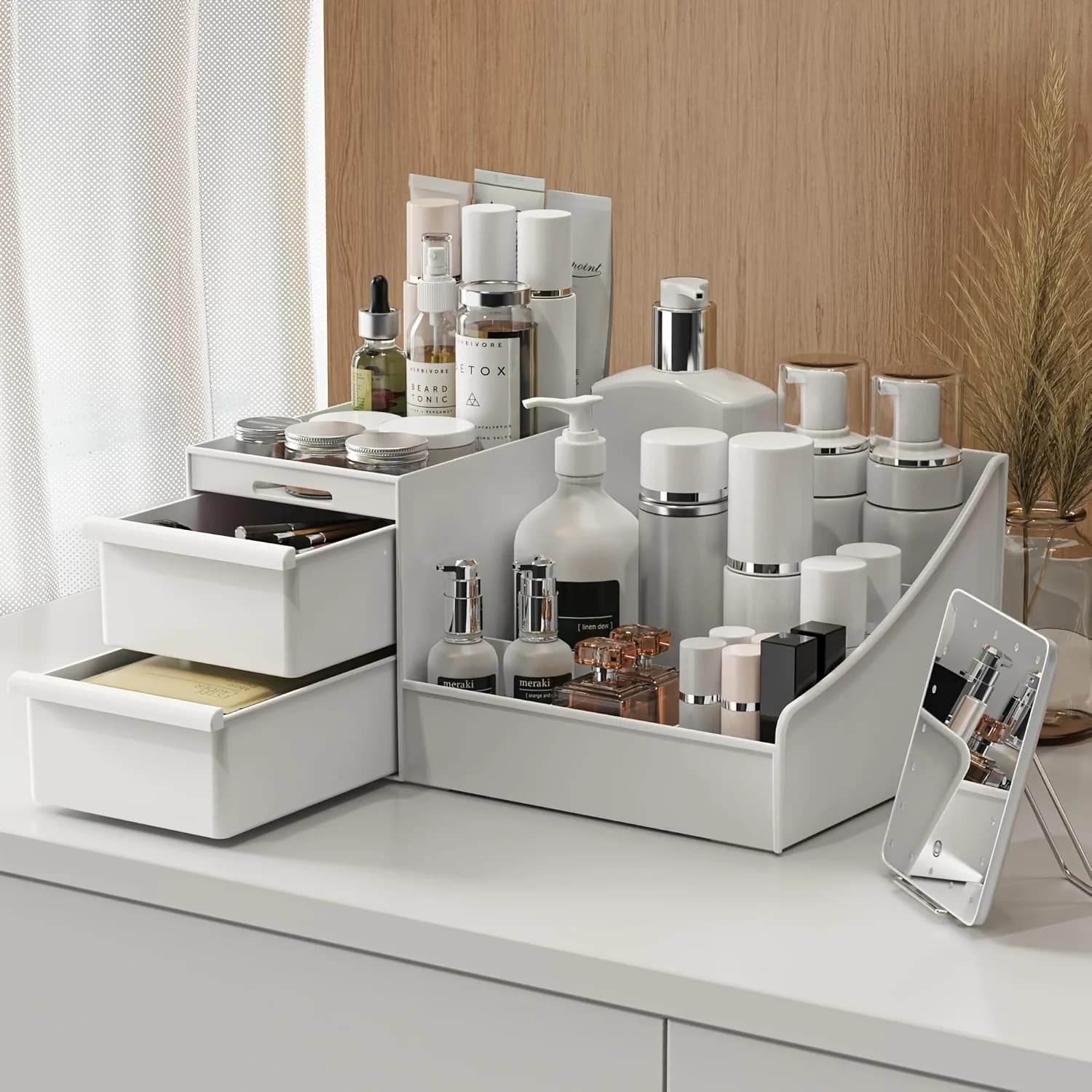 Organizer Cosmetico da Scrivania con Cassetti, Portaoggetti Multi-Scomparto per Profumi, Pennelli ed Essenziali Quotidiani, per Camera da Letto e Toeletta