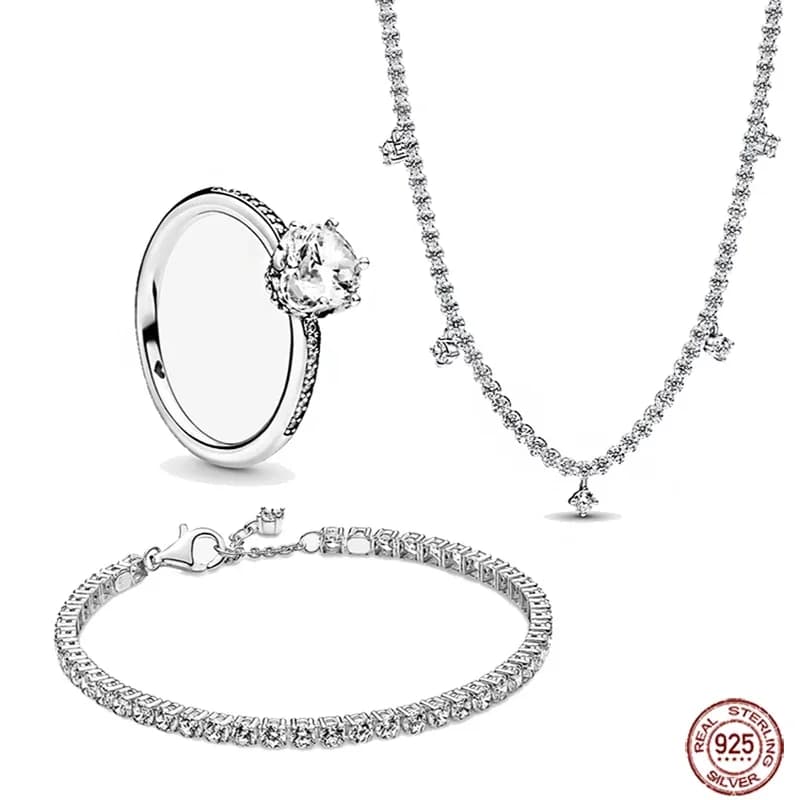 Classic 925 sterling silver sparkling diamond ring necklace bracelet three piece set for women DIY luxury birthday gift