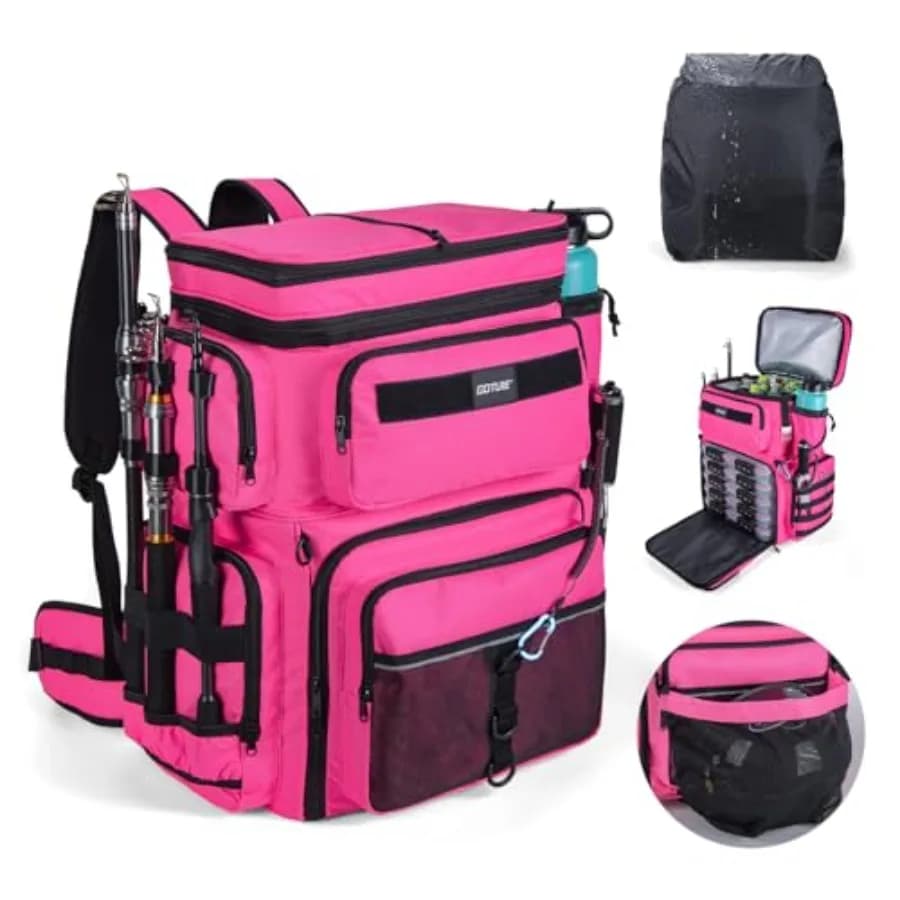 Zaino da Pesca con Scomparto Refrigerante 66L, Zaino Porta Attrezzatura 600D con 3 Portacanne, Porta Casco, Copertura Antipioggia, Borsa Grande per Pesca in Acqua Salata