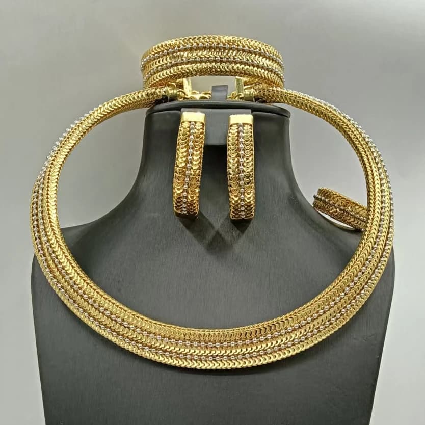 Simple Gorgeous Skeleton Three Tone Jewelry Set Luxury Fancy Hotsale Necklace Bracelet Earrings Ring 4PC Jewellery Wedding Party