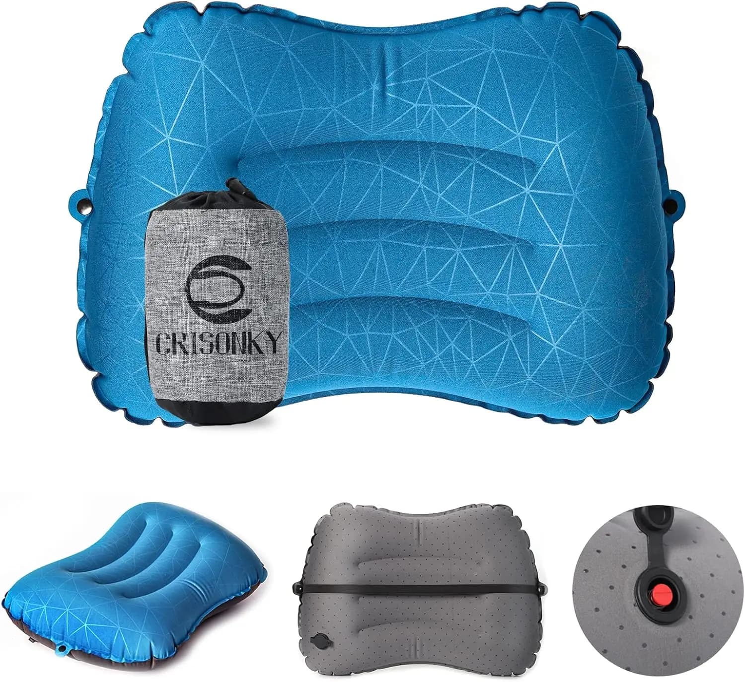 Cuscino da Campeggio Gonfiabile Ultraleggero - Cuscino da Viaggio Ergonomico per Escursionismo e Aereo, Supporto Lombare, Compatto 5x2 pollici, 4.6 once