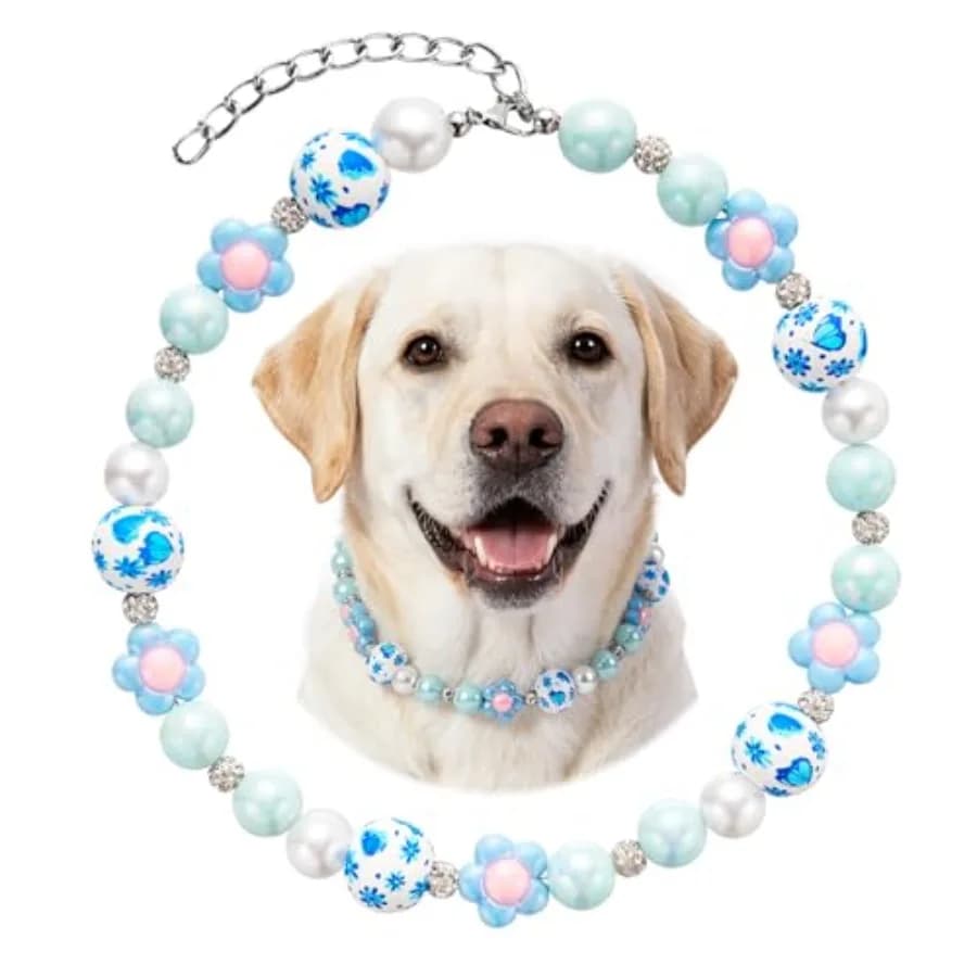 Flower Beaded Dog Collar Colorful Dog Beaded Necklace Collar Adjustable Pearl Necklace for Small Large Dogs Pet Accessories for