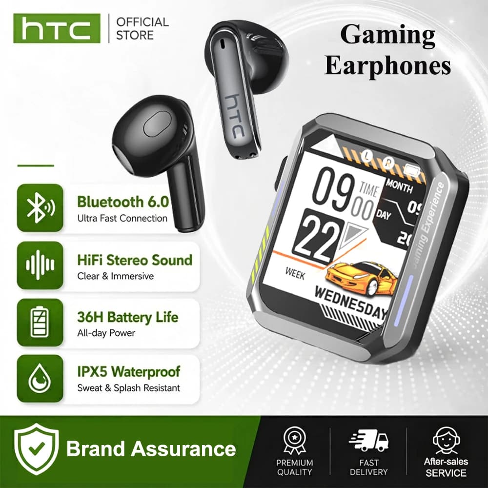 hTC Wireless Gaming Earbuds LCD Smart Screen Real-Time Translation Bluetooth Earphones Low Latency Headphones With Mic NE94