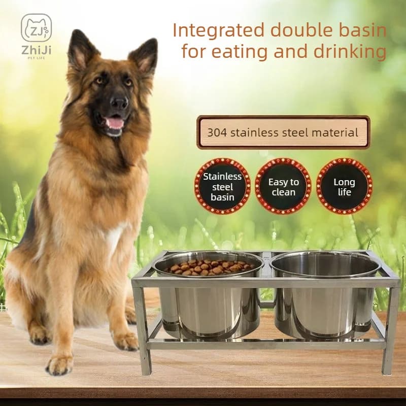 304 Stainless Steel Dog Dual Bowls with Rack Fixed Dog Water Food Bucket Stable Double Bowl Pet Neck Protection Dogs Feeder