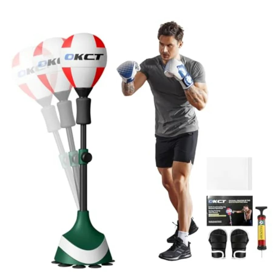 Sacco da Boxe con Supporto Regolabile in Altezza, Telaio in Acciaio Rinforzato, Palla da Boxe Reflex per Attrezzatura da Palestra Domestica, Include Tappetino e Guanti
