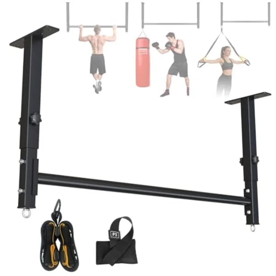 Home gym ceiling-mounted pull up bar, steel, black, 700 LBS capacity with 5-level height adjustment for pull ups and body stret
