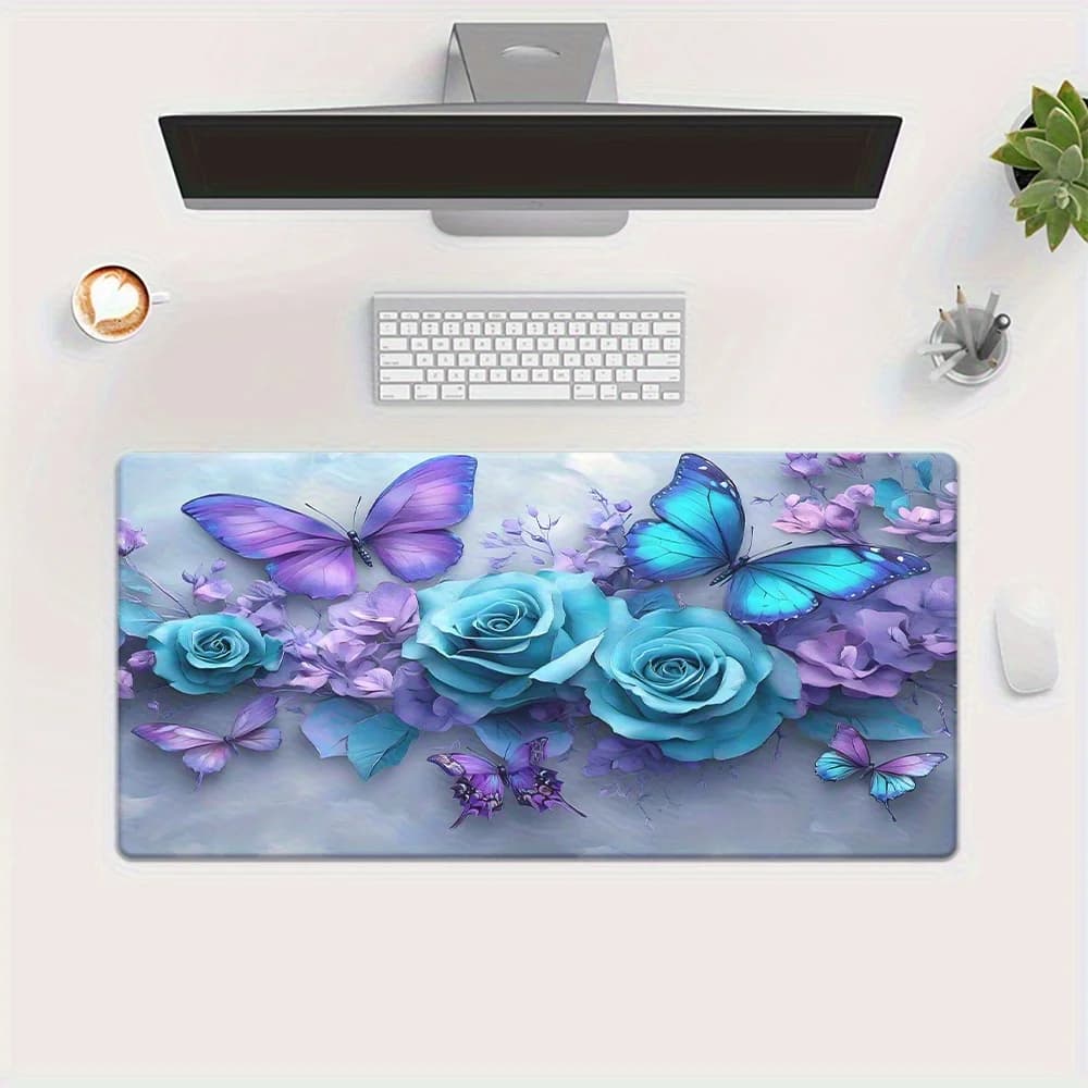 Tappetino per Mouse XXL con Farfalle e Rose Blu, Resistente e Antiscivolo in Gomma per Gaming e Ufficio