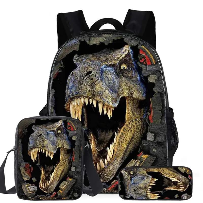 Classico popolare cartone animato dinosauro 3D stampato 3 pezzi / set borse da scuola per alunni zaino per laptop zaino borsa a tracolla inclinata astuccio