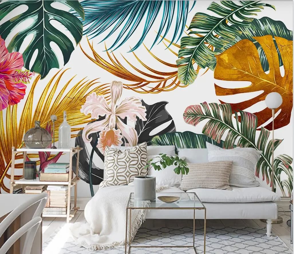 Carta da parati di dimensioni personalizzate Nordic acquerello Foglia di pianta d'oro murale decorazione della casa Foresta piovana tropicale sfondo muro 3d carta da parati