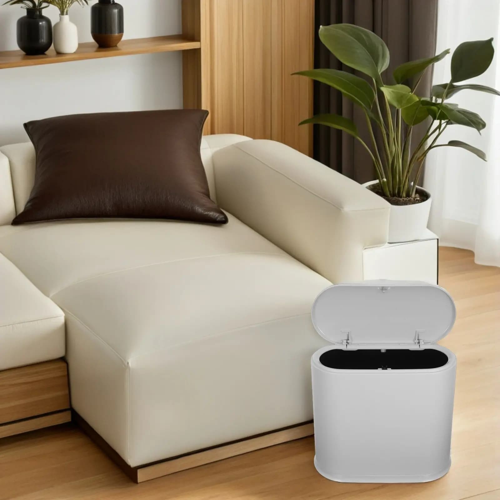 Bathroom Small Trash Can Slim Press Top Lid Garbage Bin Compact Space Saving Kitchen Cabinet Waste Basket Odor Control Modern