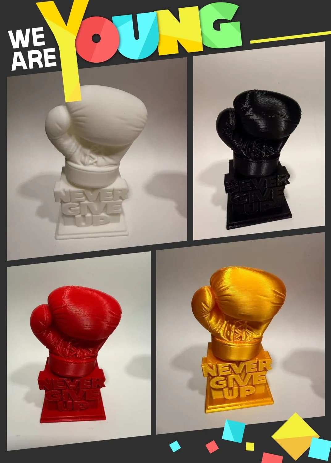 3D Printed Boxing Glove Statue NEVER GIVE UP Motivational Desk Ornament 4 Colors Sports Figurine Home Office Gym Gift for Boxer