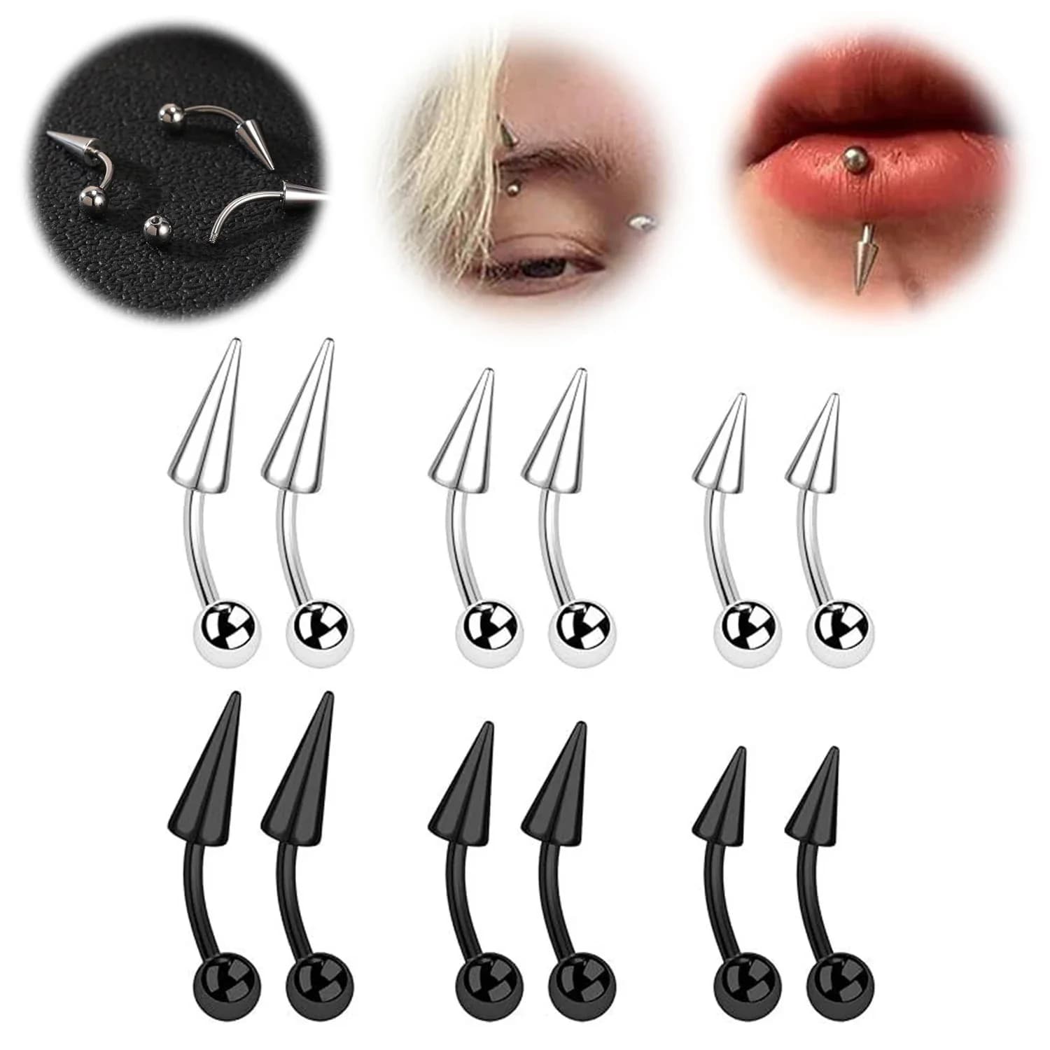 1 Pezzo 16G Piercing a Barra Lunga Curva in Acciaio Inossidabile per Sopracciglio, Cartilagine, Orecchio, Labret, Gioiello Punk a Cono