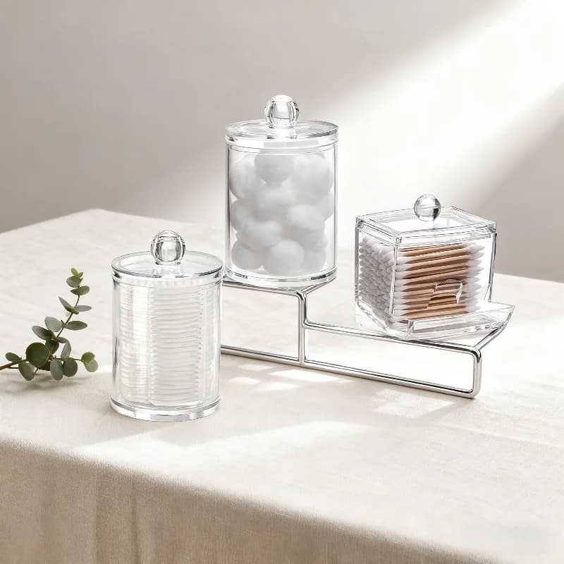 3 Pack Clear Acrylic Qtip Holder Apothecary Jars, Cotton Swab Pad Dispenser Bathroom Vanity Organizer for Makeup Brushes