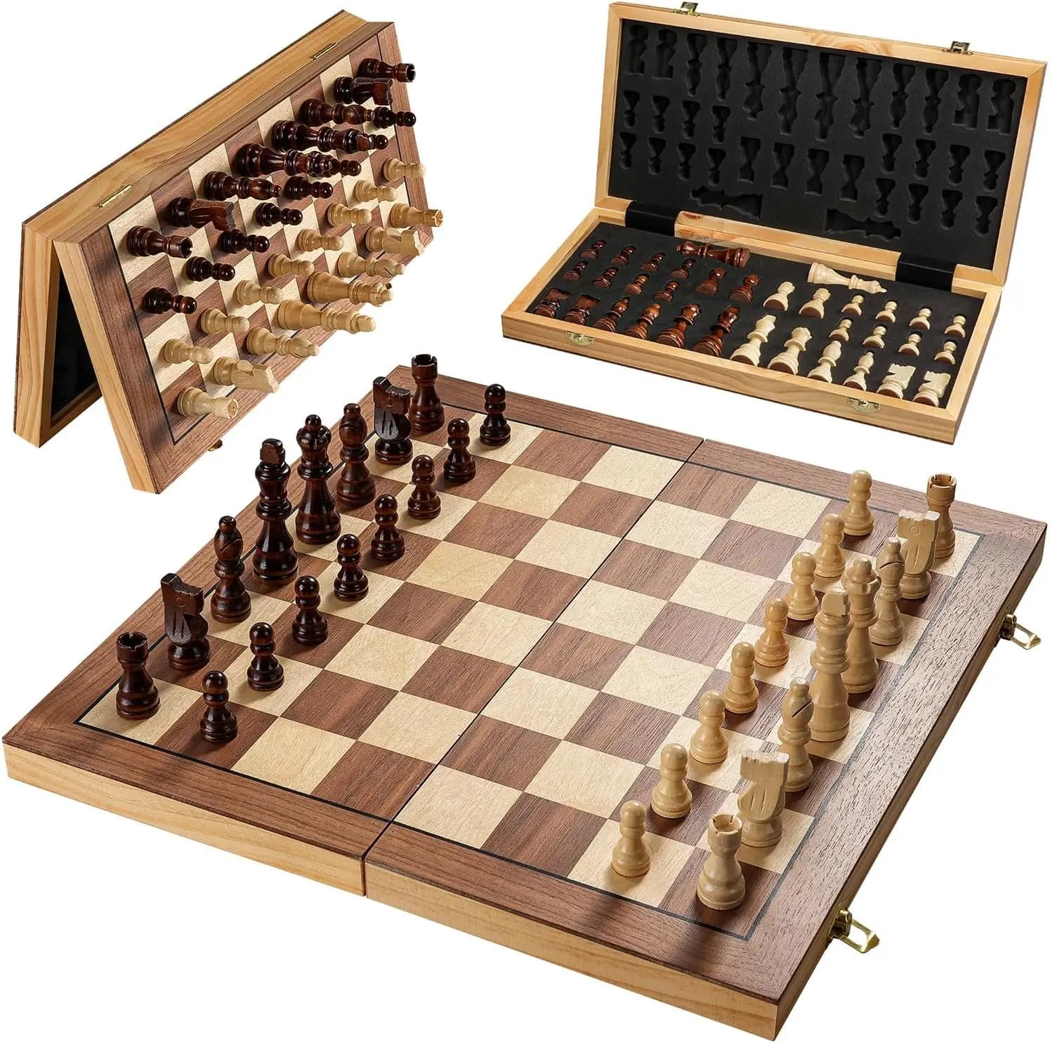 17 Inch Foldable Magnetic Wooden Chess Set for Adults & Kids, Portable Travel Board Game