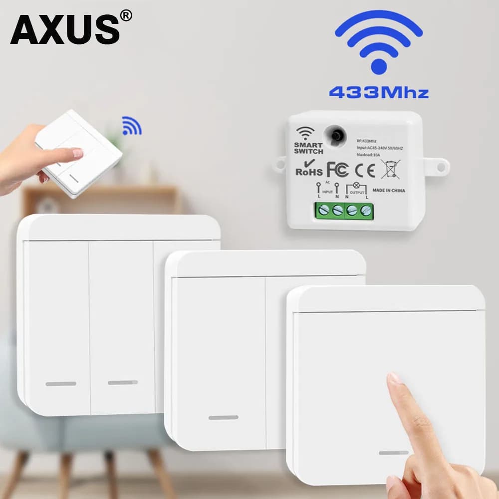 Interruttore Luce RF 433Mhz, Interruttore Wireless con Telecomando, Pannello a Muro 86, Ricevitore 10A 110V-220V per Lampade LED e Ventilatori