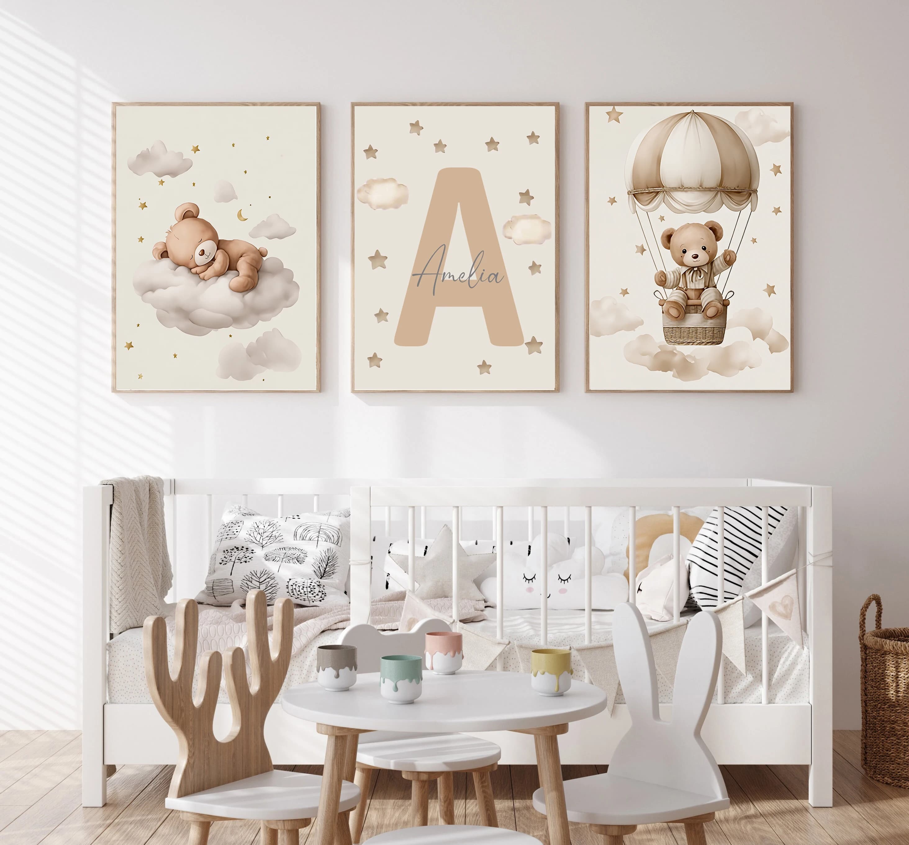 3 pz/set Bohemian Teddy Bear Animale Personalizzato Nome Del Bambino Nursery Canvas Poster Star Cloud Compleanno Stampa di Arte Della Parete per la Decorazione Domestica