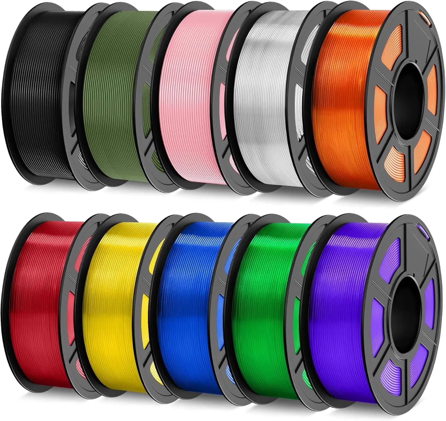 Filamento PETG 1.75mm, Set di Filamenti per Stampante 3D 10KG, 1kg per Bobina, 10 Colori (Nero, Verde Oliva, Rosa Sakura, Trasparente)