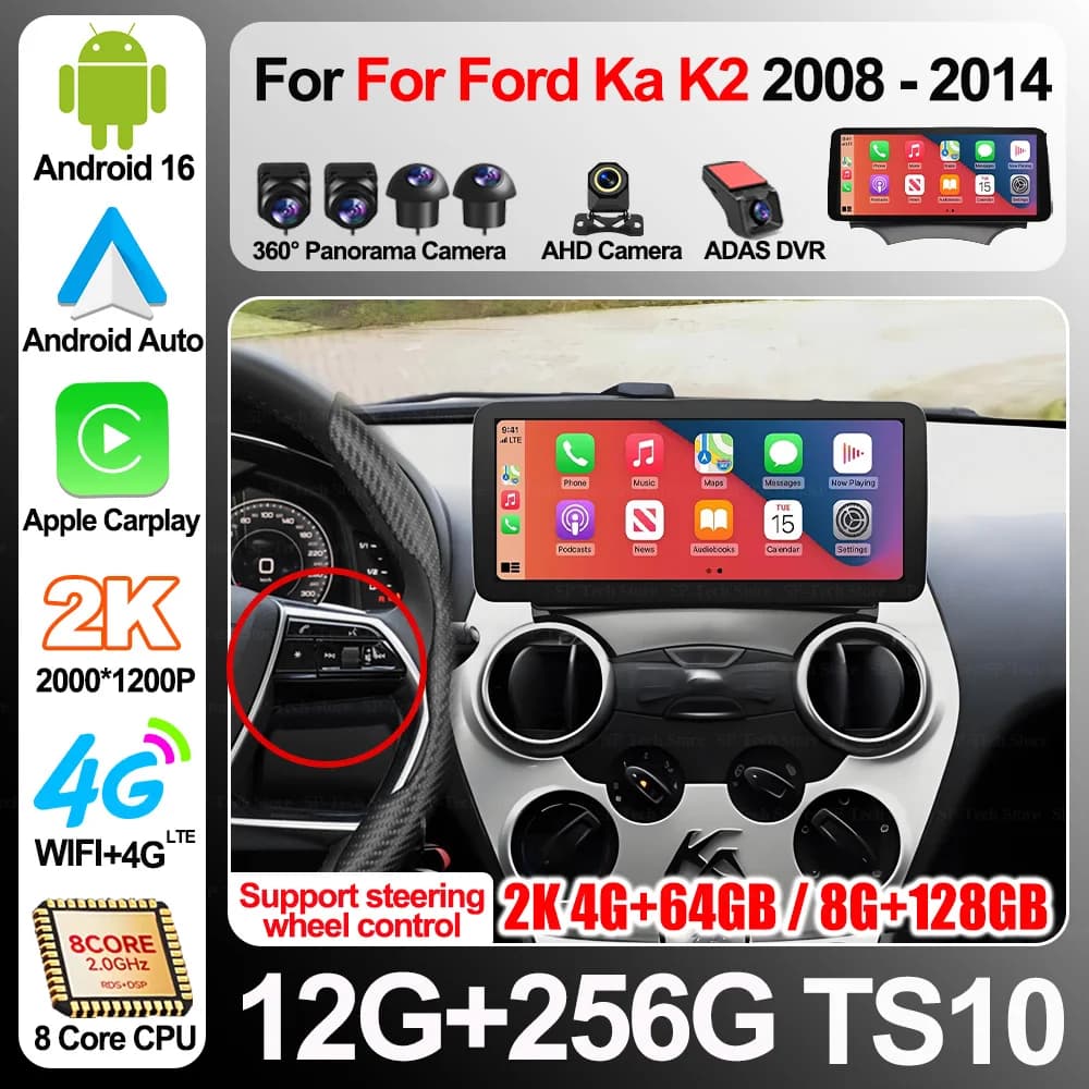 9.7 Inch Android 16For Ford Ka K2 2008 2009-2014 Car Radio 5g Wireless Carplay Stereo Multimedia Player Gps navigation 2din Wifi