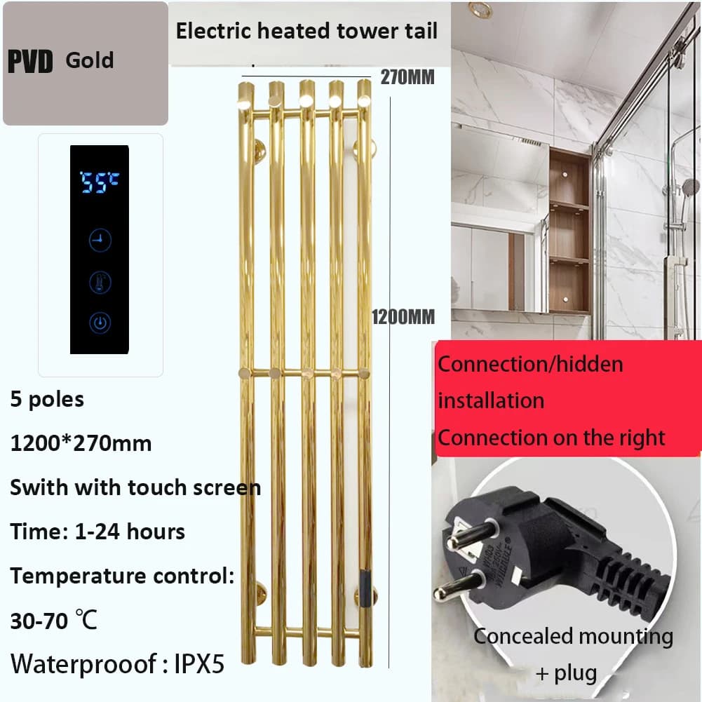 Scaldasalviette Elettrico da Parete in Titanio Oro Finitura a Specchio, Controllo Smart WiFi Touch, Timer, Barra Verticale