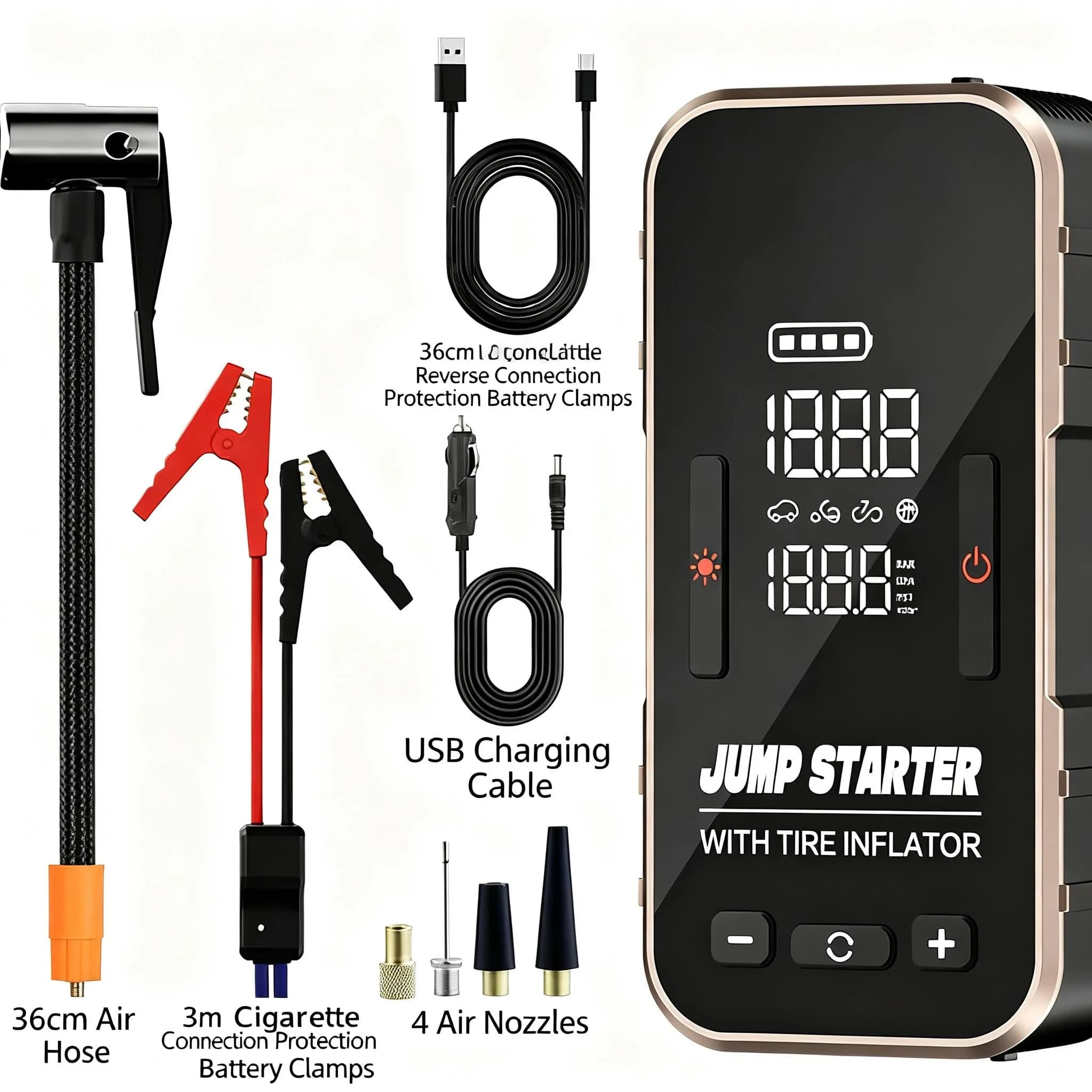 Avviatore di emergenza multifunzione all-in-one con gonfiatore per pneumatici, amplificatore per batteria per auto portatile Peak 1888A e Power Bank