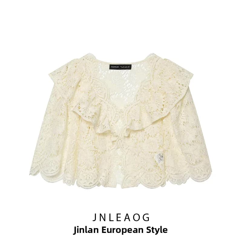 JNLEAOG Summer New Women's Lace Design Sensation Gored Shirt European Style Polyester Short Length Long Sleeve Blouse