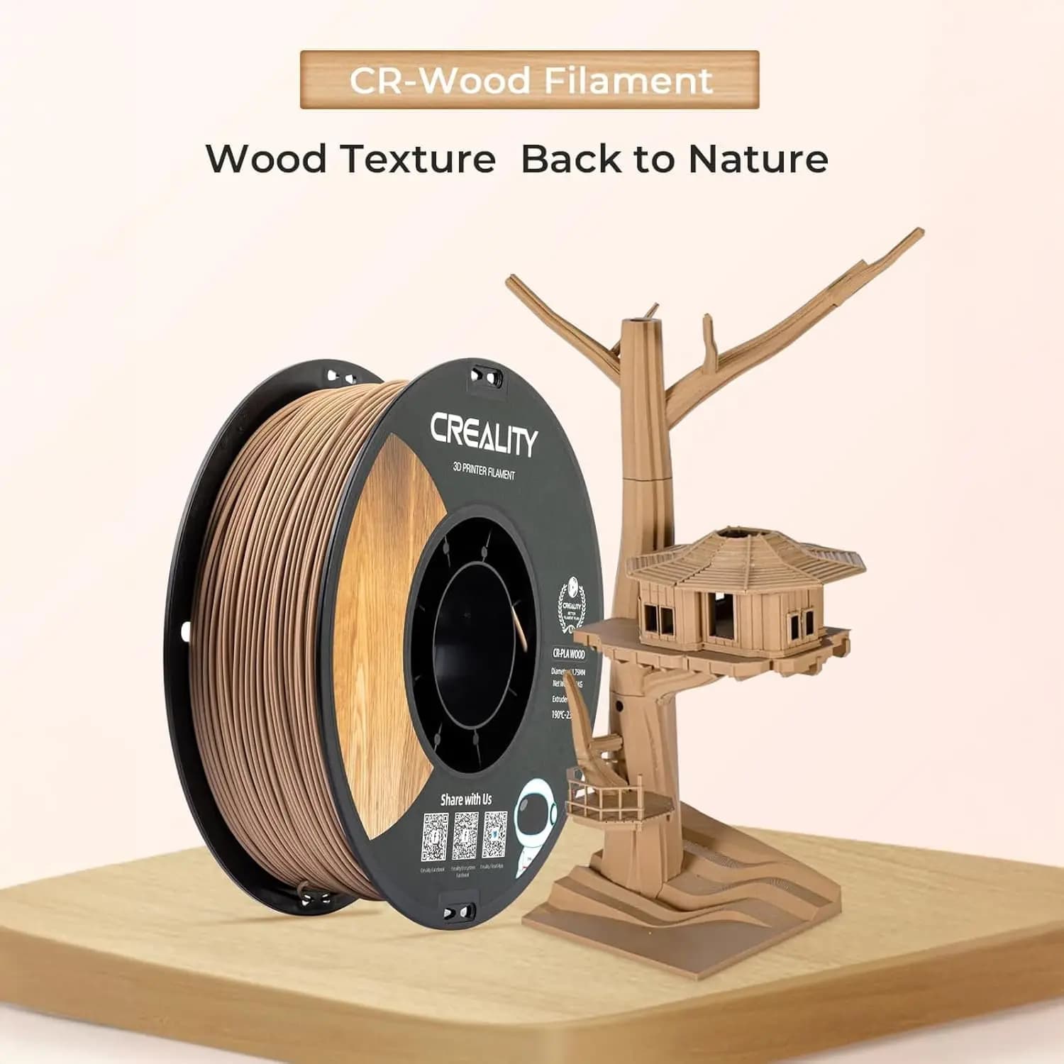 Official CREALITY Wood Filament PLA 1.75 mm, 3D Printer Filament in Wood, Over 30% Real Wood, Lyscia and Setosa Texture, High Strength