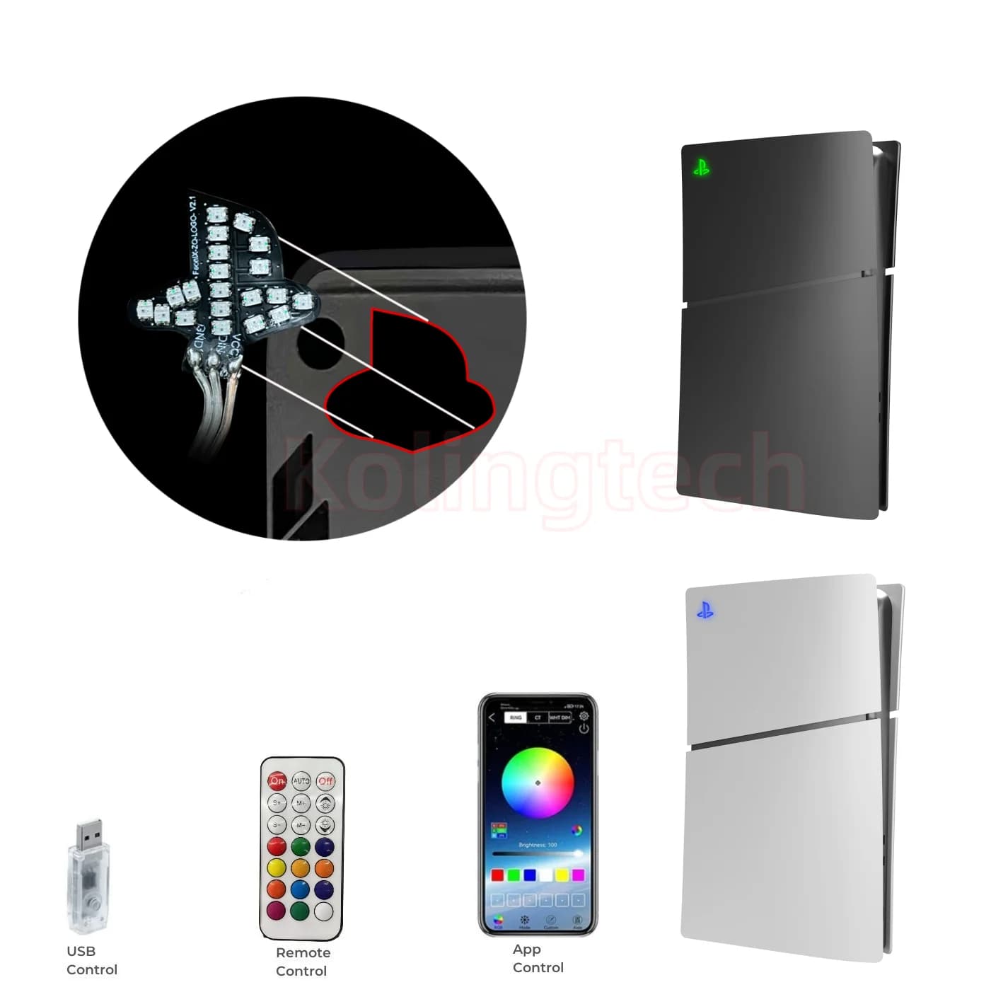 Luce LED con logo RGB per console PS5 Slim/Pro Logo LED illuminato con sincronizzazione musicale Decorazione fai da te per Playstation5 Slim/PS5 Pro