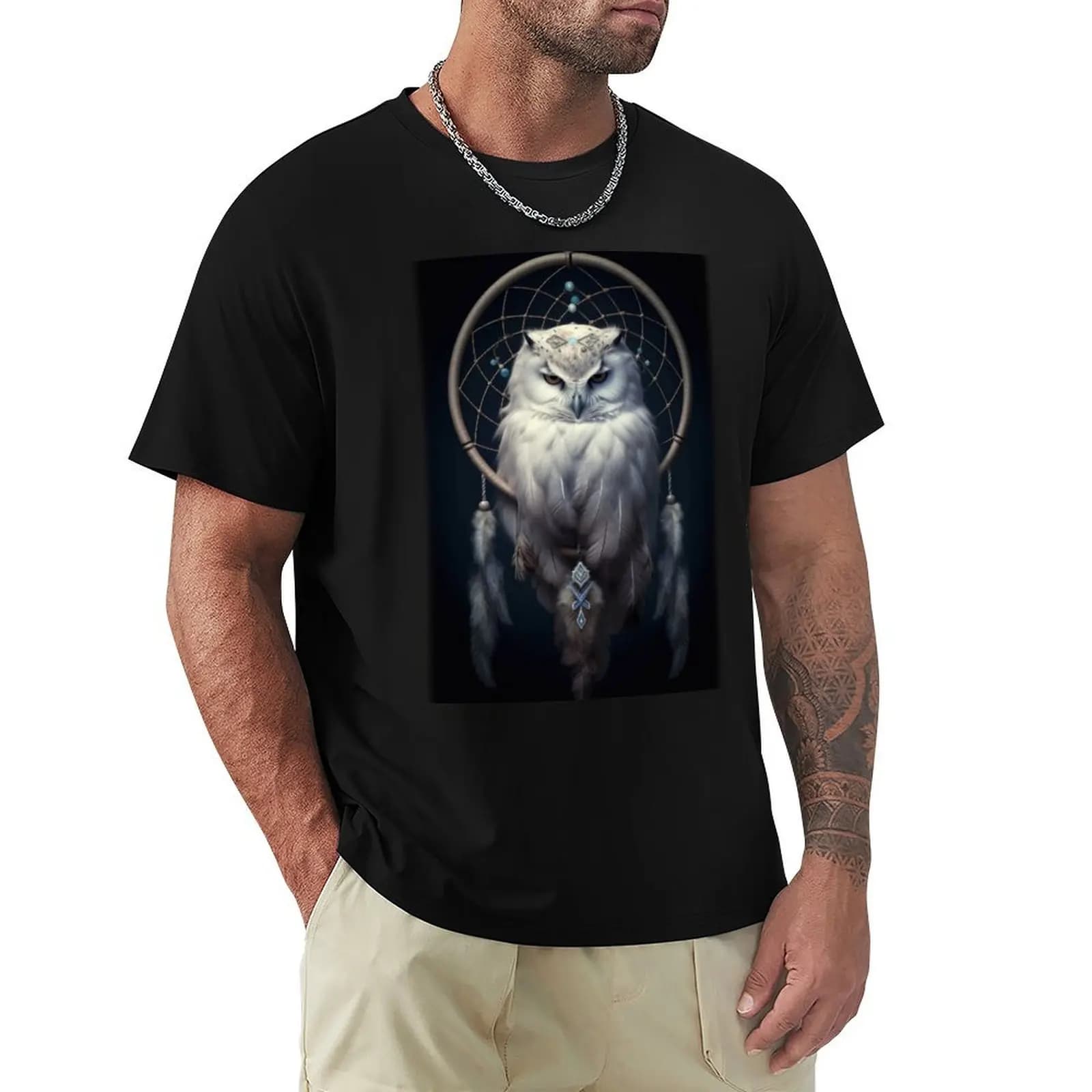 Snowy Owl In Dreamcatcher Painting T-Shirt Big Size Simple T-Shirt