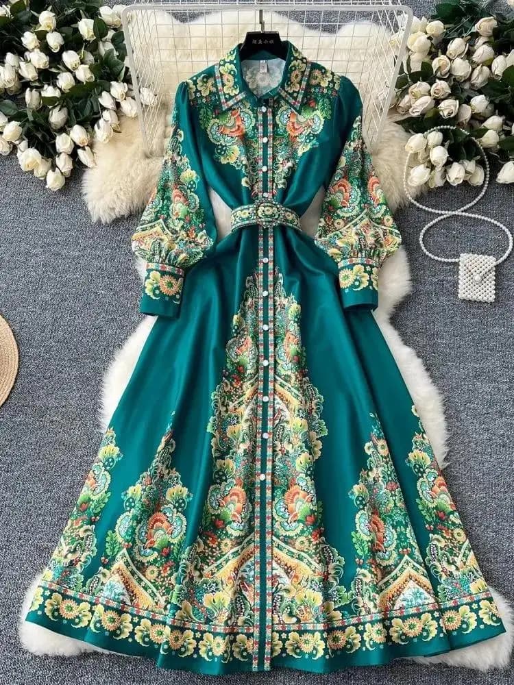 Women Turn Down Collar Long Lantern Sleeve Buttons Belt Bohemian Robe Dress Autumn Vintage Flower Print Green Party Vestidos