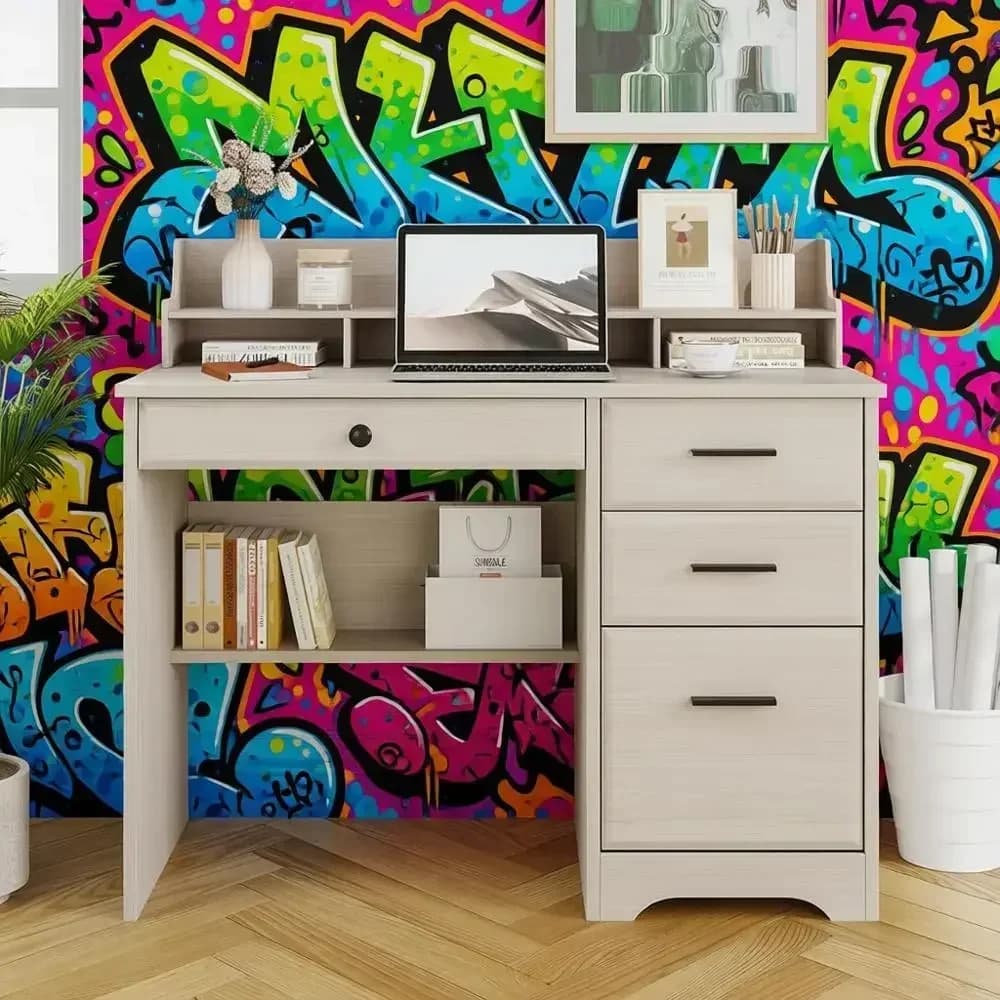Small desk with drawers, computer desk with cabinet and monitor stand, home office desk with drawers, wooden desk for bedroom
