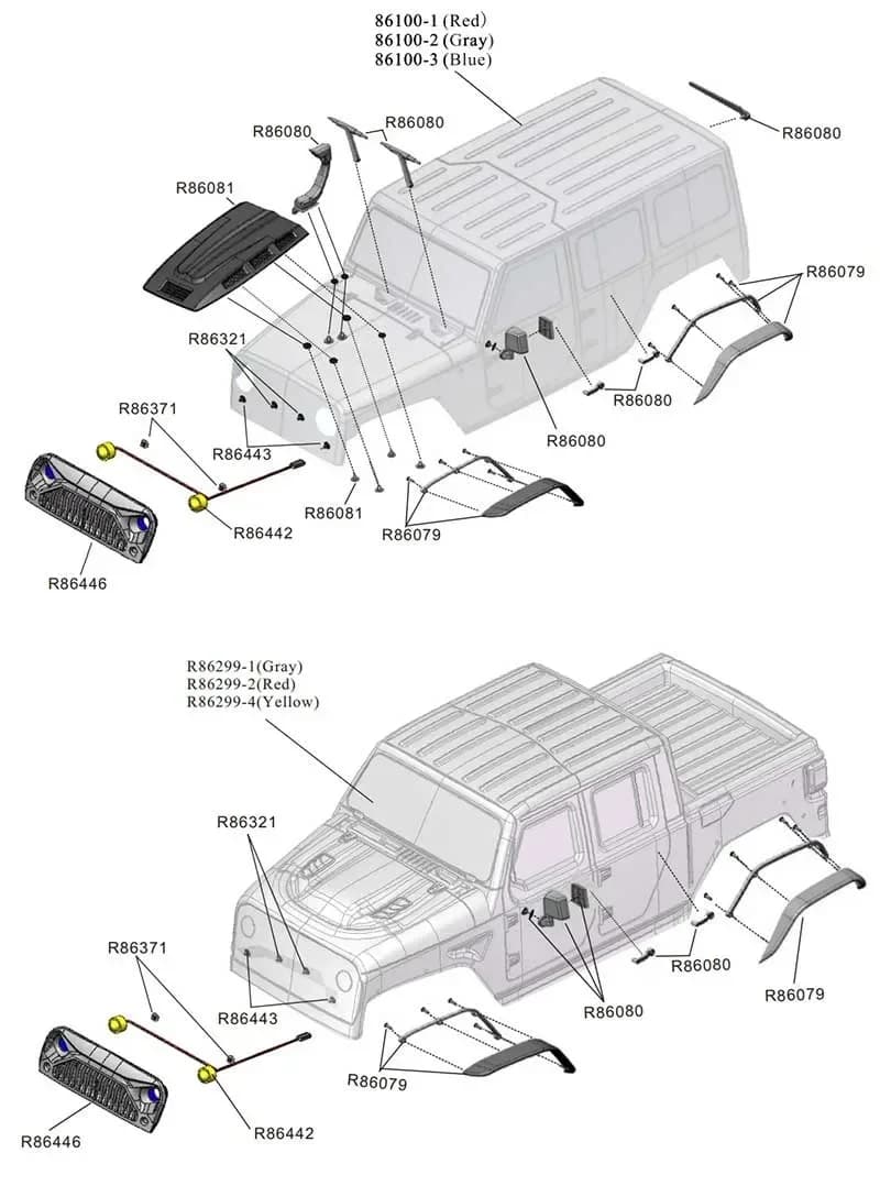 Ricambi per auto RC 86100 1/10: Ingranaggi, Colonna di trasmissione, Tirante, Pneumatici, Ammortizzatore, Specchietto retrovisore, Set tergicristalli