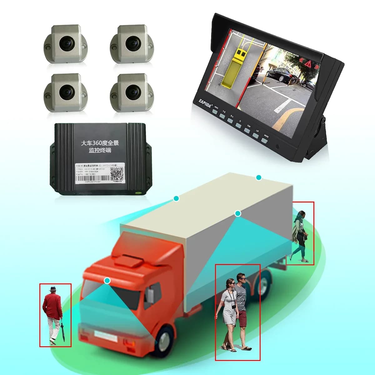 EAPODA Waterproof 4 Channel Bird Eye View 360 Car Truck Heavy Vehicle Long Range Alarm Ai Collision Warni