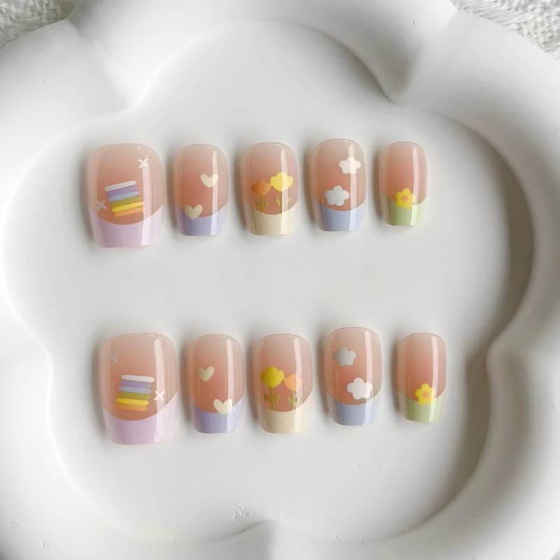 10 Pezzi Unghie Finte Adesive Donna Stile Primaverile Fresco e Delicato, Manicure Francese Dopamina Candy Sweetheart, Nail Art