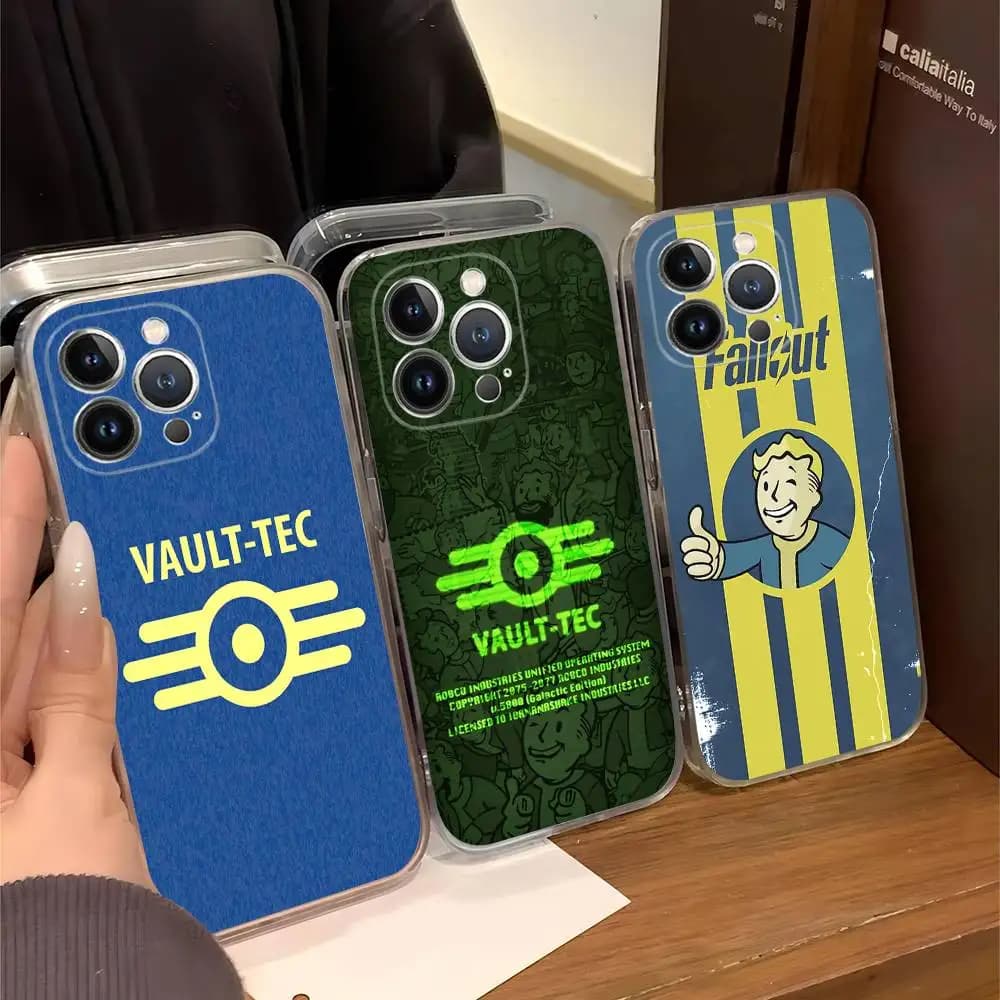 Custodia Trasparente Antiurto con Logo V-Vault-Tec F-Fallout per iPhone 11 12 13 14 15 16 17 Air Pro Max Plus Mini