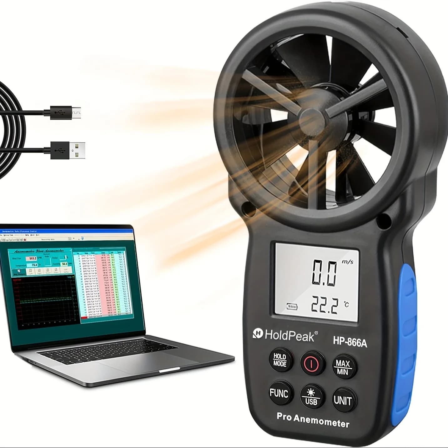 Anemometro Digitale Portatile Holdpeak HP-866A con Connessione USB, Misuratore di Punto di Rugiada e Massa d'Aria con Funzione Data Hold e USB