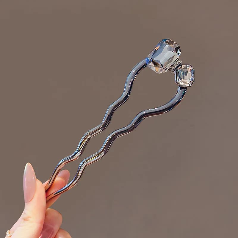 New Chinese ancient style elegant square crystal U-shaped hairpin back head bun metal hair clasp simple hair accessories women