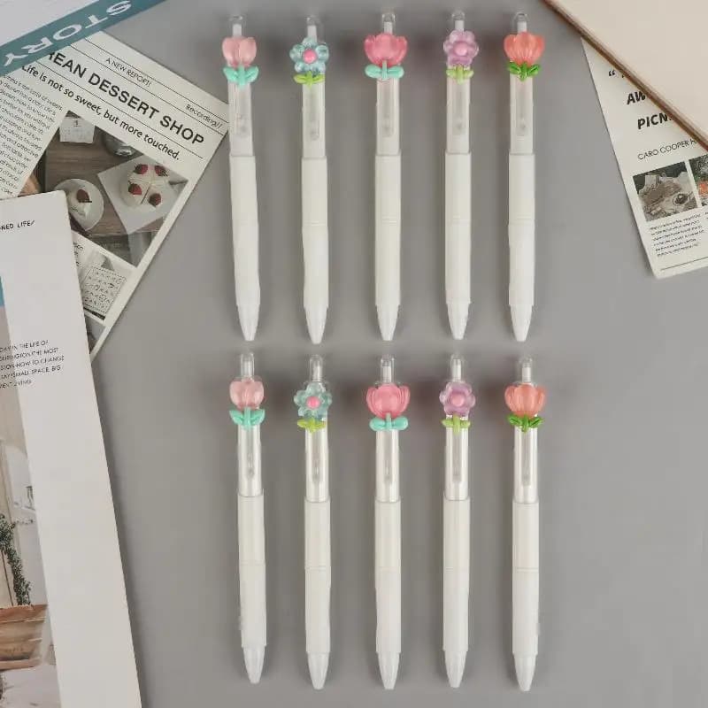 Set di 5 Penne Gel a Forma di Tulipano, Inchiostro Nero ad Asciugatura Rapida, Penne Gel a Pressione Carine per Scuola e Ufficio, Forniture di Cancelleria all'Ingrosso