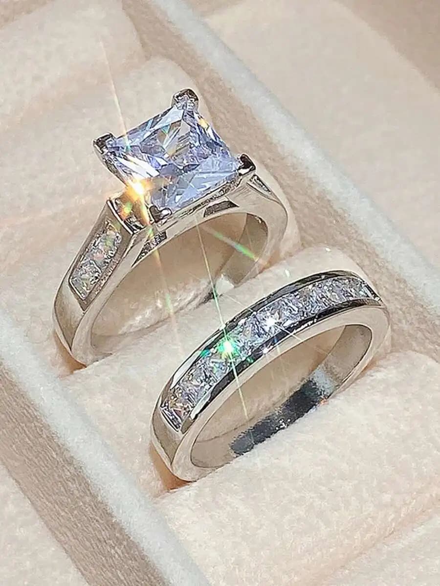 Set di 2 anelli eleganti in lega di zinco con zirconi cubici quadrati per donna – Per uso quotidiano, da sposa, per feste e come regalo