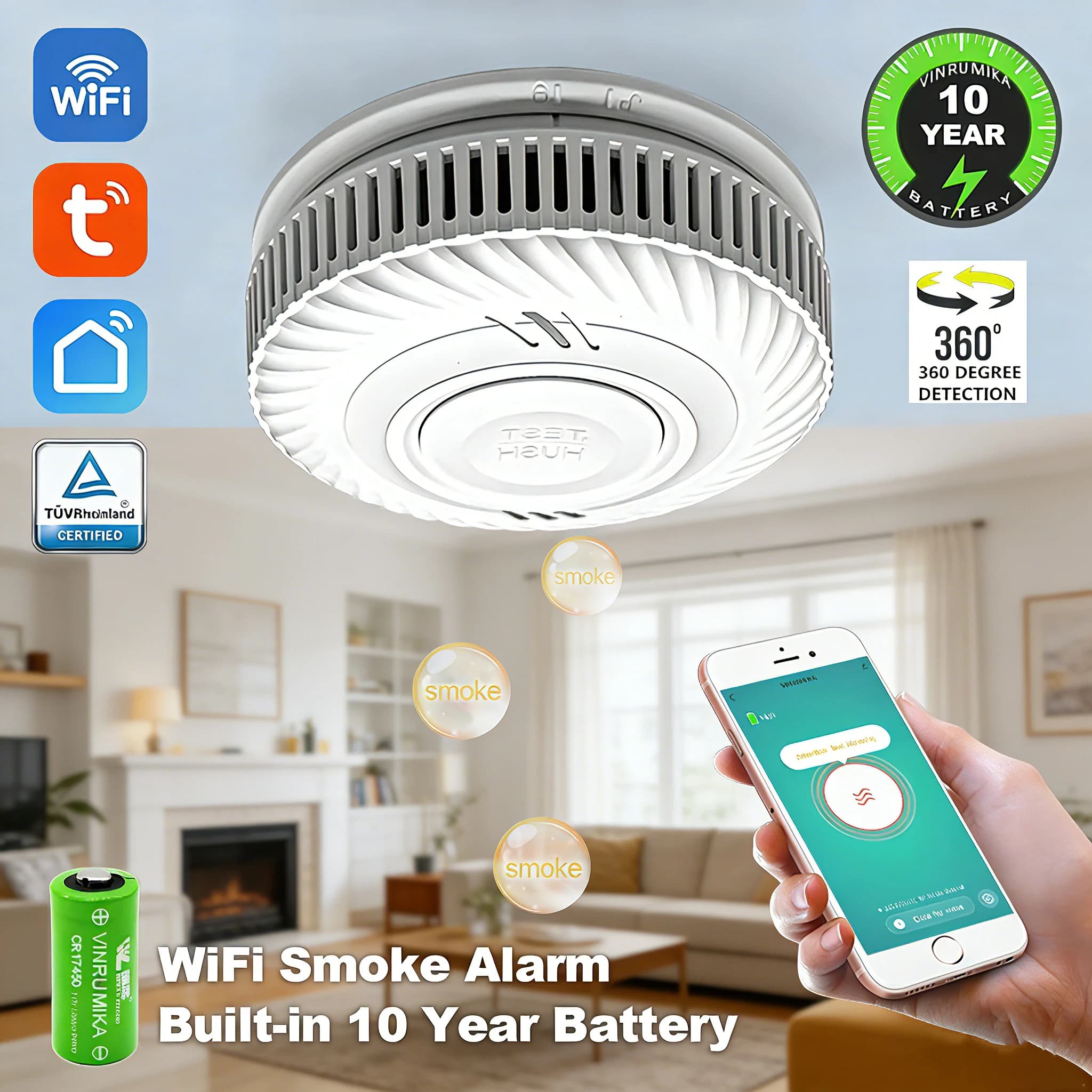 1/2/3 Pezzi Rilevatore di Fumo WiFi Tuya Smart con Batteria Integrata da 10 Anni, Sensore Allarme Incendio per Casa, Cucina, Negozio, Ispezione Sicurezza Antincendio