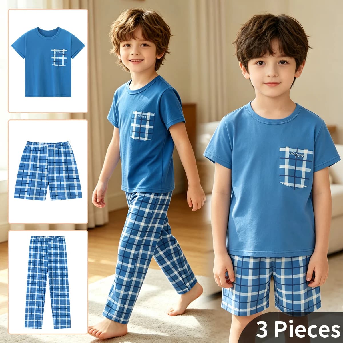 3-Piece Spring/Summer Children's Set Moisture Absorbing Comfortable Casual Fashionable Home Short Sleeved Pajamas Shorts Pants