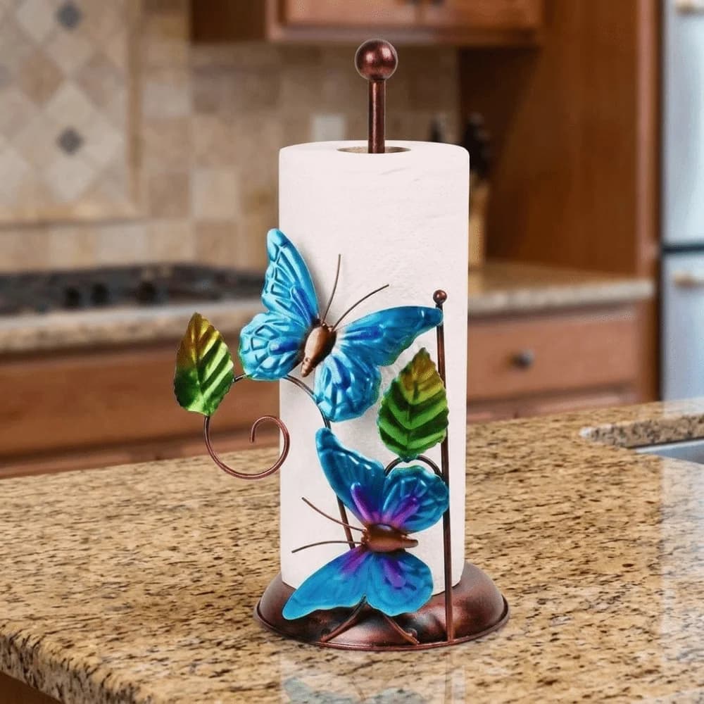 Iron Butterfly Paper Towel Holder One-handed Tear Freestanding Butterfly Tissue Stand Decorative Standing Toilet Paper Holder
