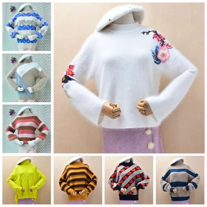 Women Fashion Colored Soft Hairy Angora Rabbit Hair Knitted Mock Neck Loose Sweater Mink Fur Striped Jumper Pull Jersey Tops